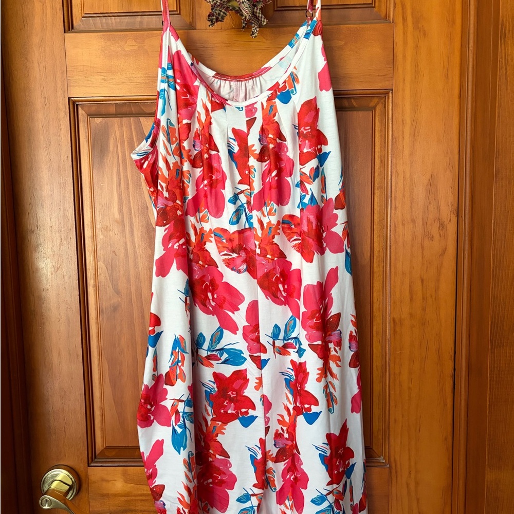 Plus size 2X White ROMPER with Pink Floral & Blue Leaf Print adjustable straps